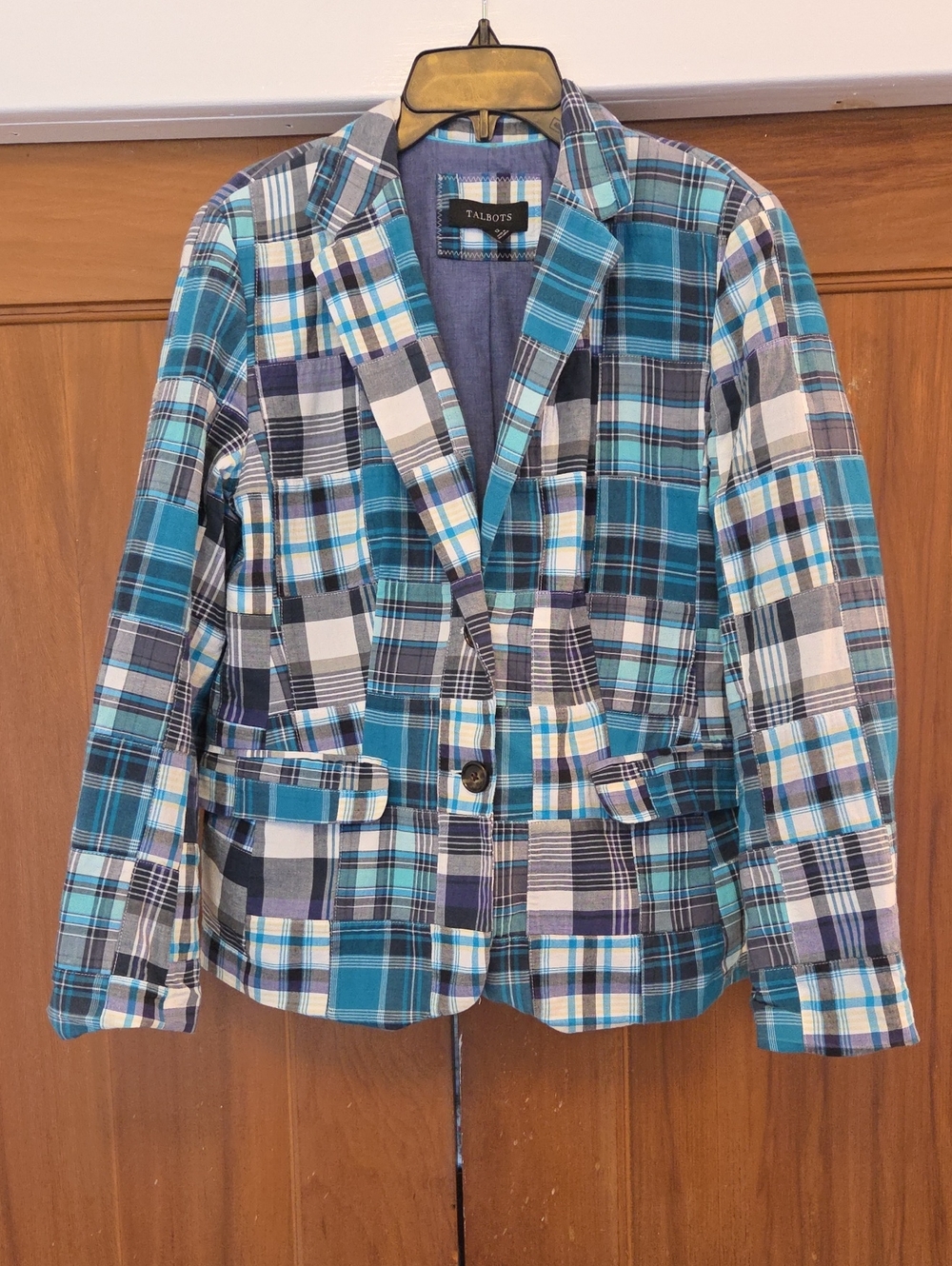 Talbots Teal and Navy Madras Plaid Cotton Blazer